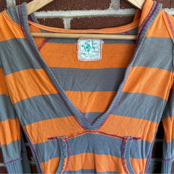 Free People Orange & Grey Striped Long sleeve w/ Oversized Hood Size XS - Picture 13 of 14